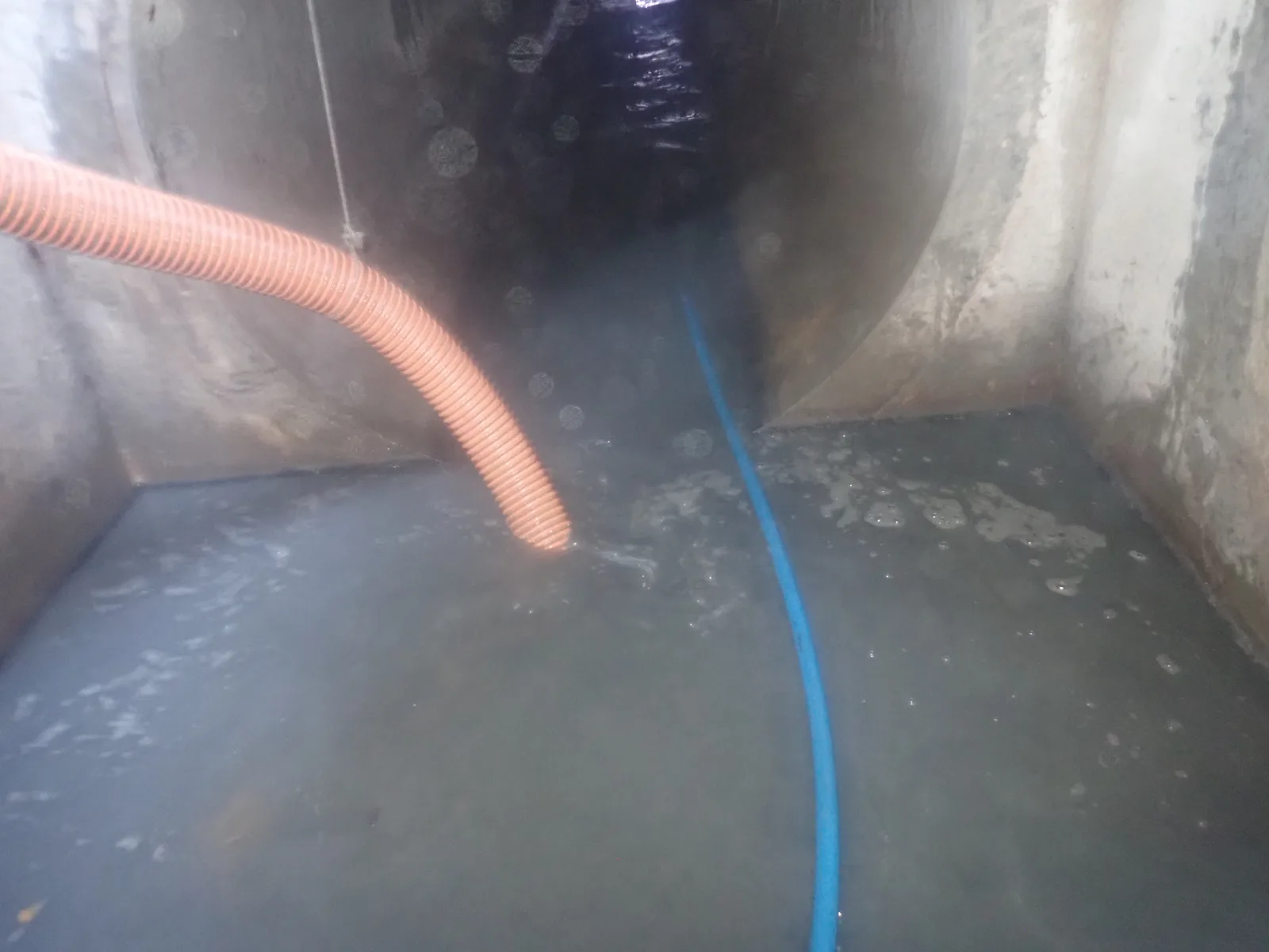 涵管疏通施工中：橘色與藍色水管伸進積水的涵管內